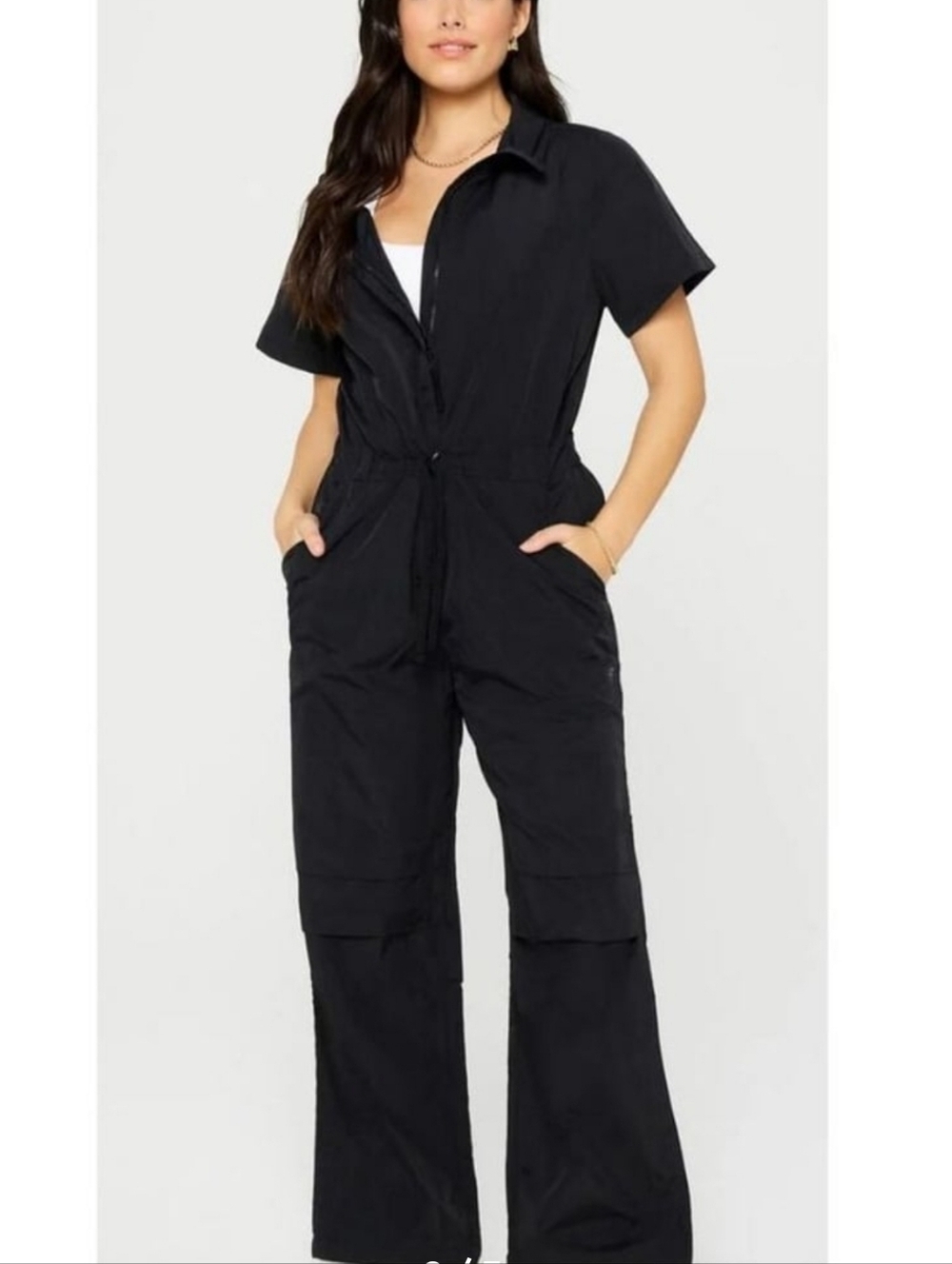 Fabletics Black Short-Sleeve Drawstring Utility Jumpsuit Sise M